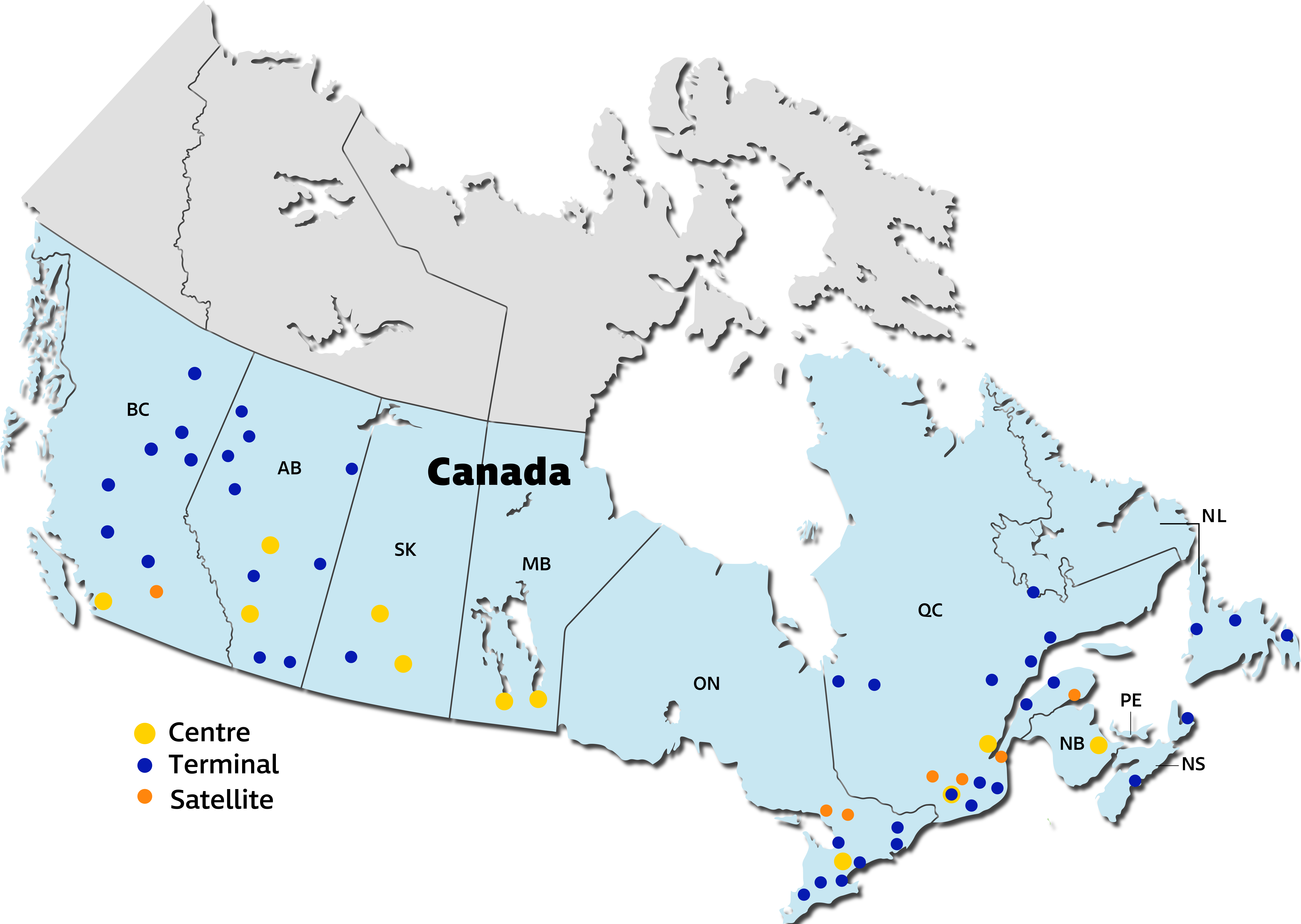 Carte montrant les terminaux de GLS Canada