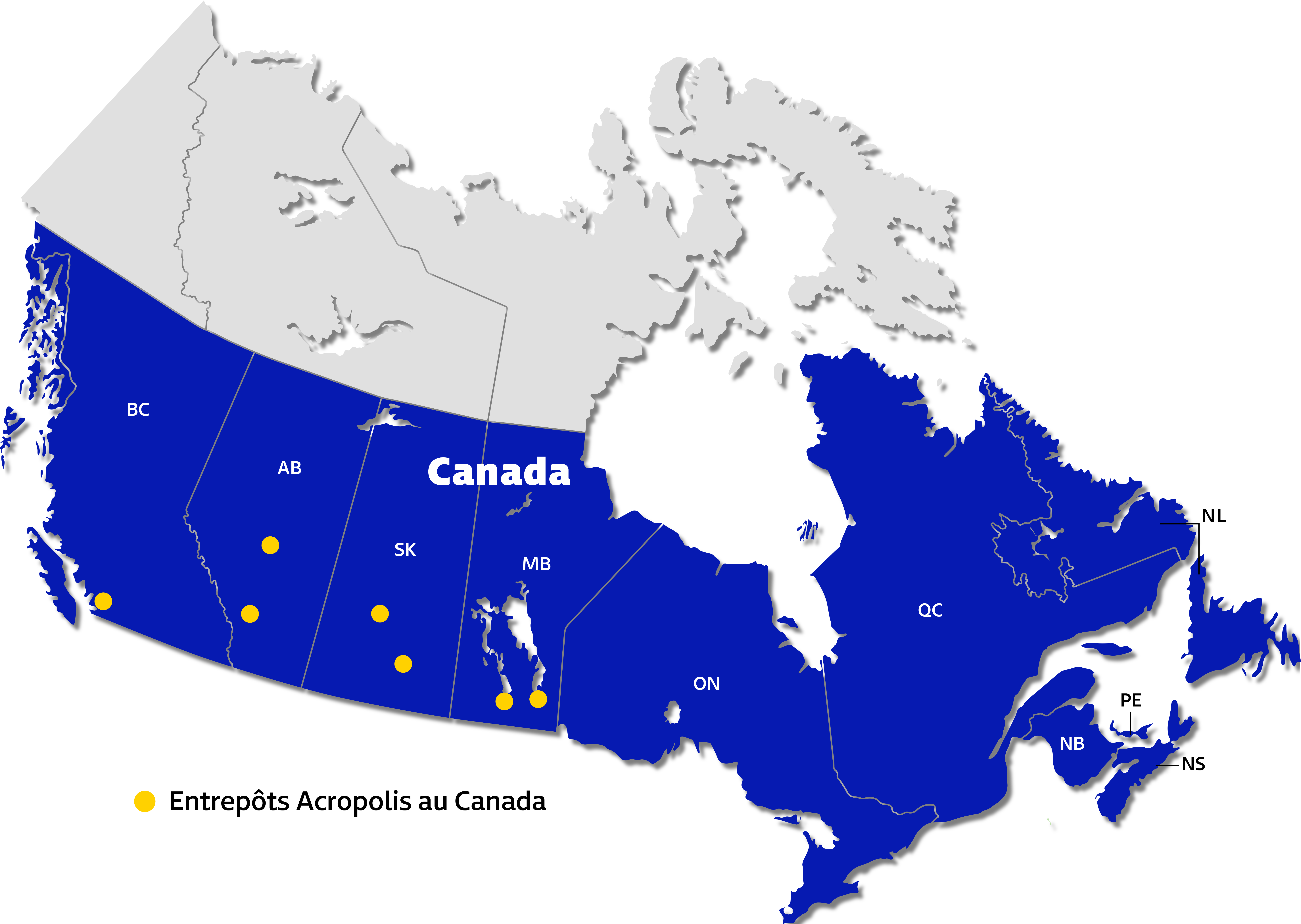 Carte du Canada indiquant les entrepôts d'Acropolis.