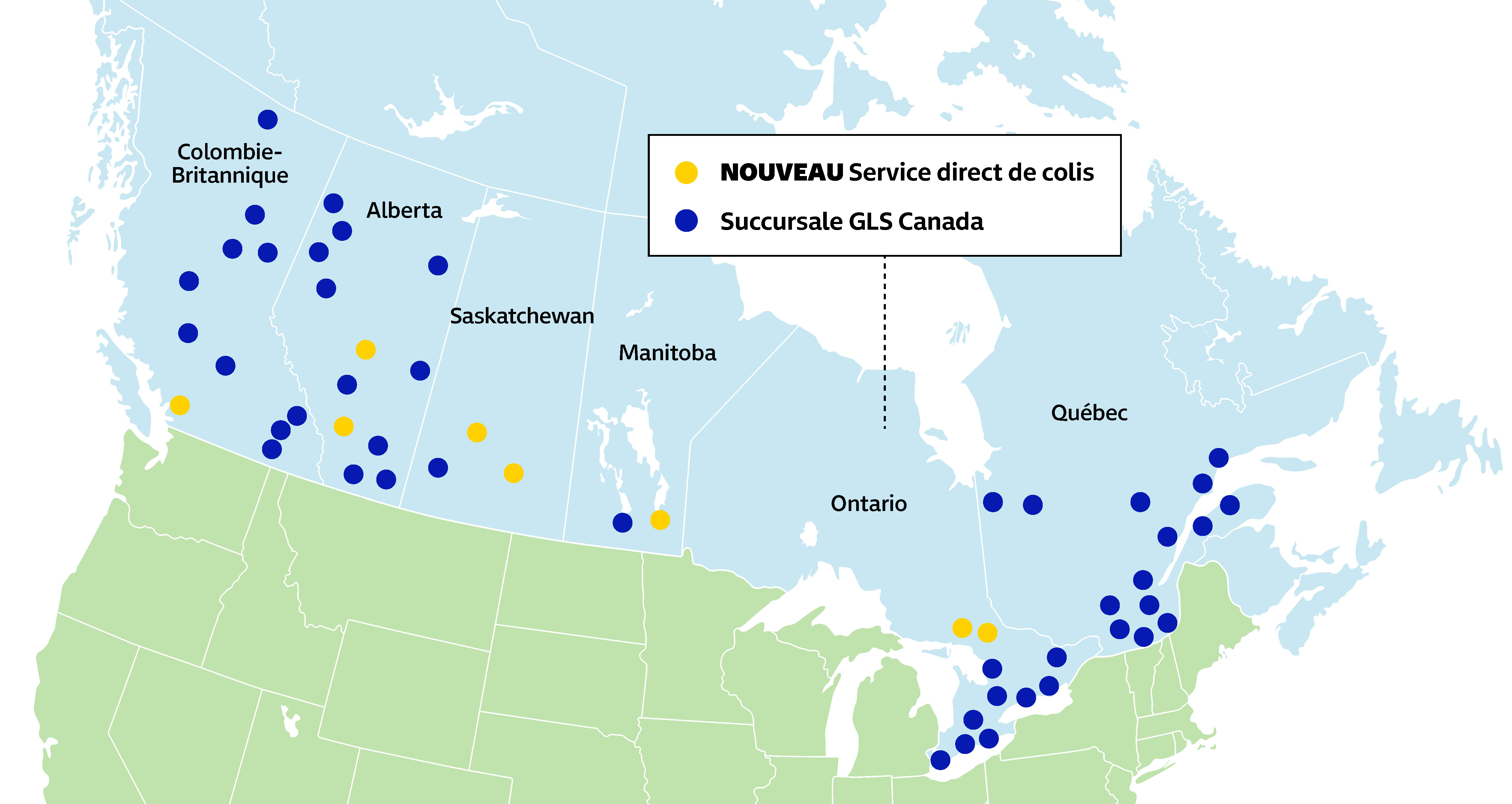 Carte du Canada montrant les dépôts de GLS.