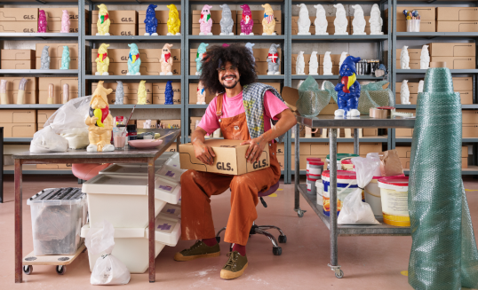 Smiling man siting with a parcel in a warehouse of colourful garden gnomes.