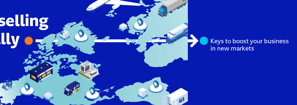 Start selling globally with GLS: key insights to boost your business in new markets. Illustration of a world map with transportation, warehouses, and logistics locations representing international expansion and global e-commerce.