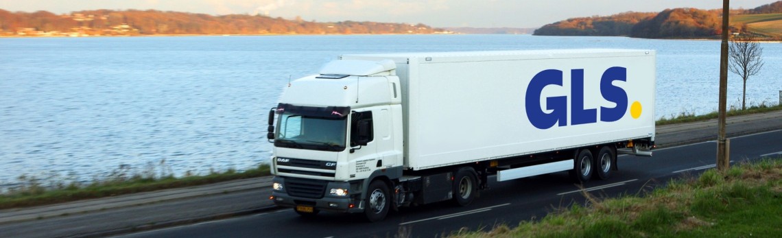 GLS long-distance truck driving between on a road between field and forest