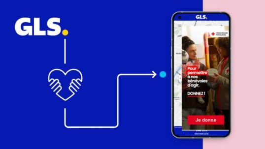Mobile display of GLS’s solidarity campaign supporting the French Red Cross, featuring a donation button on a smartphone screen.