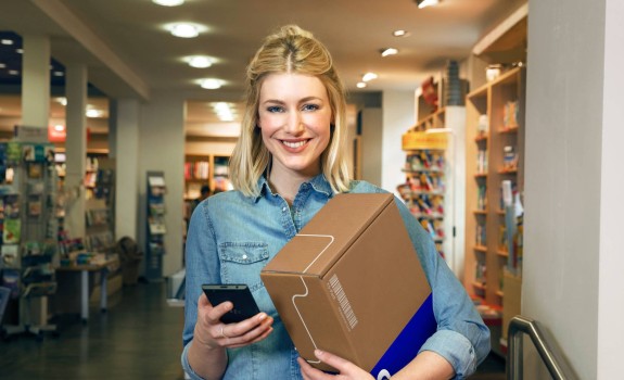 Woman with parcel and arrow
